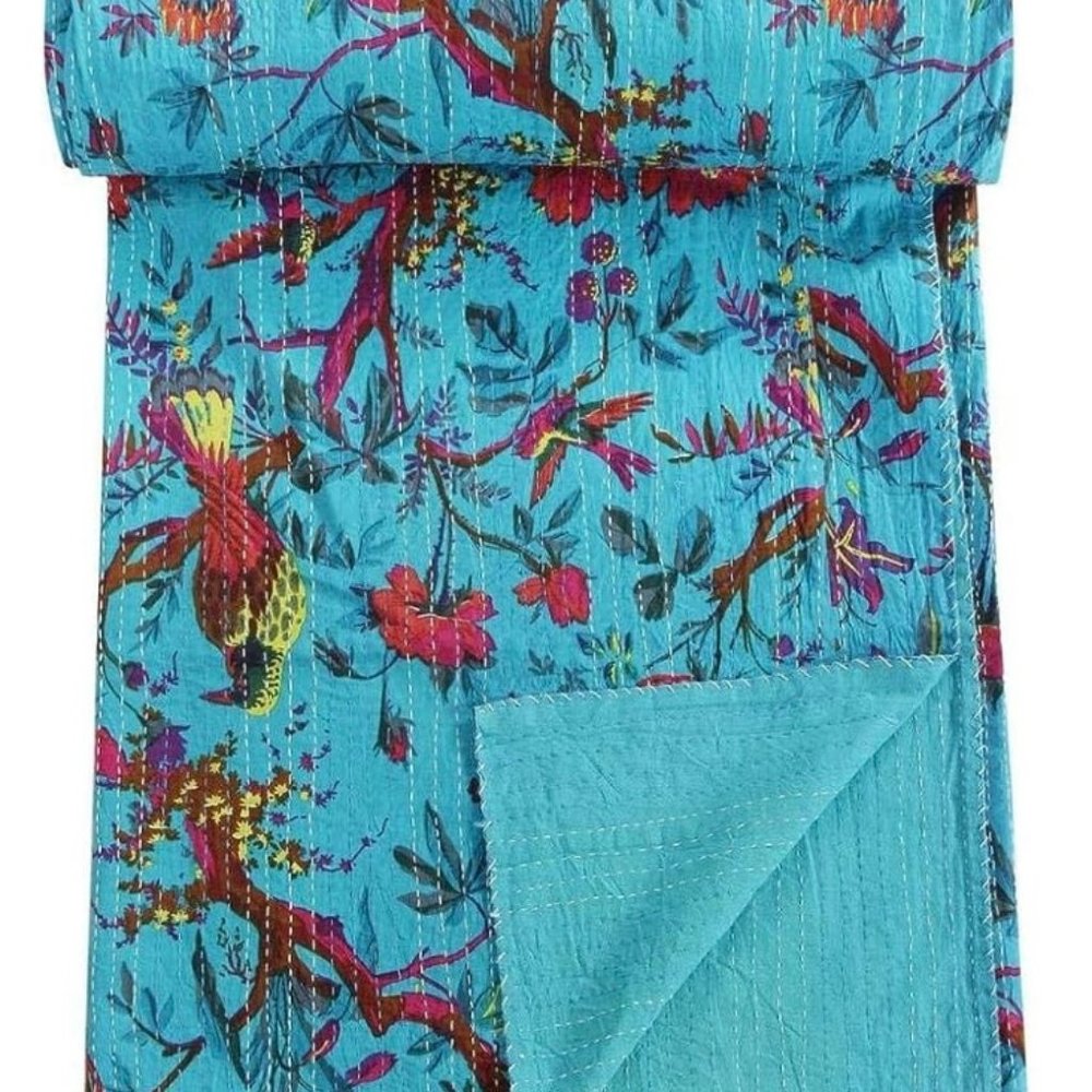 Kantha Quilt Turquoise Floral 90x108" Queen King NEW 100% Cotton Vivid
